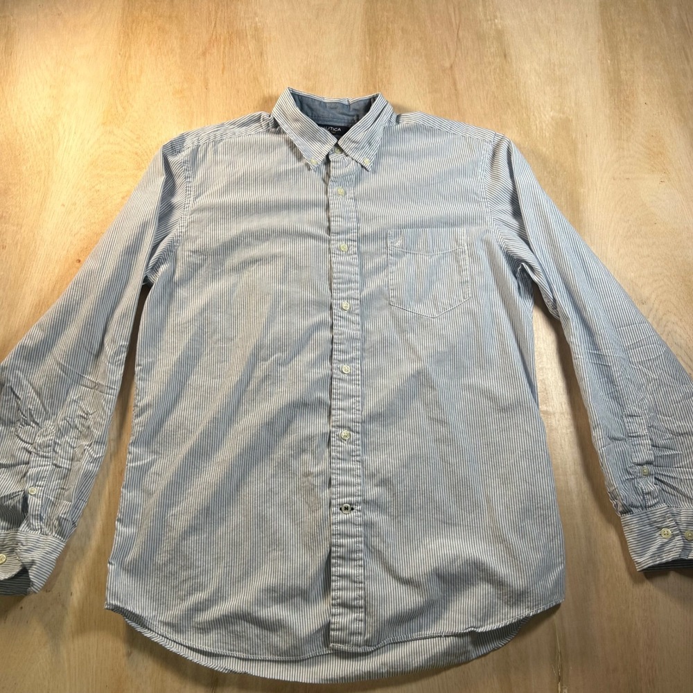 Nautica Mens Blue White Striped Long Sleeve Button Down Shirt Size M Cotton